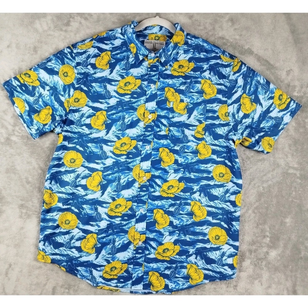 Savage Tacticians Floral‎ Button Shirt Grenade Gun Blue Yellow Men's XL